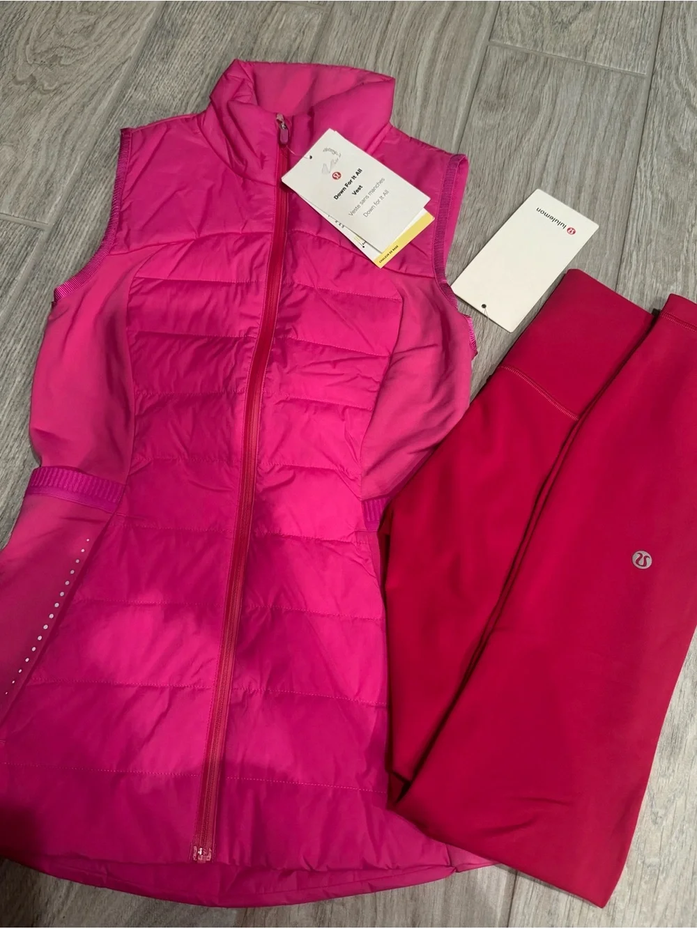 lululemon athletica Women’s pink down for it all vest and matching leggings